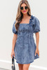 Blue Frilly Square Neck Bustier Puff Sleeve Short Denim Dress