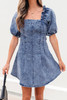 Blue Frilly Square Neck Bustier Puff Sleeve Short Denim Dress