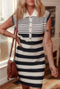 Black Mixed Striped Print Half Placket Collared Cap Sleeve Bodycon Sweater Dress