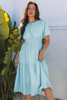 Light Blue Puff Sleeve Pleated High Waist Flowy Midi Dress