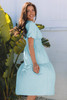 Light Blue Puff Sleeve Pleated High Waist Flowy Midi Dress