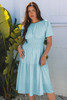 Light Blue Puff Sleeve Pleated High Waist Flowy Midi Dress