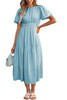 Light Blue Puff Sleeve Pleated High Waist Flowy Midi Dress