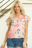 Pink Floral Print Frilled V Neck Pleated Sleeve Blouse Pink Floral Print Frilled V Neck Pleated Sleeve Blouse