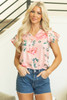 Pink Floral Print Frilled V Neck Pleated Sleeve Blouse Pink Floral Print Frilled V Neck Pleated Sleeve Blouse