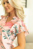 Pink Floral Print Frilled V Neck Pleated Sleeve Blouse Pink Floral Print Frilled V Neck Pleated Sleeve Blouse