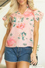 Pink Floral Print Frilled V Neck Pleated Sleeve Blouse Pink Floral Print Frilled V Neck Pleated Sleeve Blouse