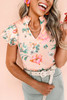 Pink Floral Print Frilled V Neck Pleated Sleeve Blouse Pink Floral Print Frilled V Neck Pleated Sleeve Blouse