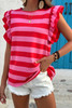 Red Stripe Flutter Sleeve Round Neck T Shirt