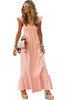 Pink V Neck Flutter Sleeve Smocked Bodice High Waist Ruffle Maxi Dress