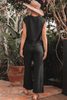 Color black Sequined Star Textured Cap Sleeve Tee and Cropped Wide Leg Pants Set