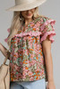 Multicolour Floral Tiered Ruffled Short Sleeve Blouse