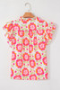 Rose Floral Ruffled Sleeve Ric-rac Trim Split Neck Loose Blouse Rose Floral Ruffled Sleeve Ric-rac Trim Split Neck Loose Blouse