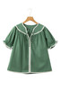 Mist Green Ric Rac Trim Tie Split Neck Short Sleeve Blouse Mist Green Ric Rac Trim Tie Split Neck Short Sleeve Blouse