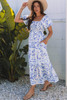 Sky Blue Floral Print Square Neck Bubble Sleeve High Waist Maxi Dress