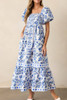 Sky Blue Floral Print Square Neck Bubble Sleeve High Waist Maxi Dress