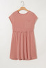 Dusty Pink Corded Knit Textured Patched Pocket Frilled Swing Mini Dress with Pockets