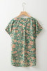 Green Floral Print Pleated Buttoned V Neck Short Sleeve Blouse