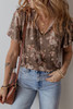 Khaki Retro Floral Print Tassel Tie Split Neck Short Sleeve Blouse Khaki Retro Floral Print Tassel Tie Split Neck Short Sleeve Blouse