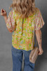 Multicolour Printed Contrast Bubble Sleeve Patchwork Blouse Multicolour Printed Contrast Bubble Sleeve Patchwork Blouse