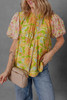 Multicolour Printed Contrast Bubble Sleeve Patchwork Blouse Multicolour Printed Contrast Bubble Sleeve Patchwork Blouse