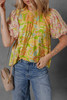 Multicolour Printed Contrast Bubble Sleeve Patchwork Blouse Multicolour Printed Contrast Bubble Sleeve Patchwork Blouse