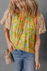 Multicolour Printed Contrast Bubble Sleeve Patchwork Blouse Multicolour Printed Contrast Bubble Sleeve Patchwork Blouse