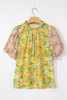 Multicolour Printed Contrast Bubble Sleeve Patchwork Blouse Multicolour Printed Contrast Bubble Sleeve Patchwork Blouse