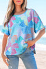 Sky Blue Bowknot Printed Waffle Crewneck Loose Short Sleeve Top