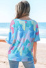 Sky Blue Bowknot Printed Waffle Crewneck Loose Short Sleeve Top