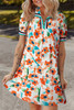 Orange Contrast Trim Floral Split Neck Puff Short Sleeve Tiered Mini Dress