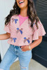 Sachet Pink Sequined American Flag Bow Patched Striped Ruffled Sleeve Blouse Sachet Pink Sequined American Flag Bow Patched Striped Ruffled Sleeve Blouse