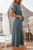 Blue Dolman Button Belted V Neck Wide Leg Pocketed Jumpsuit