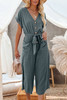 Blue Dolman Button Belted V Neck Wide Leg Pocketed Jumpsuit