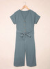 Blue Dolman Button Belted V Neck Wide Leg Pocketed Jumpsuit