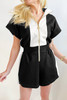 Black Contrast Collar Patchwork Zip Front Romper