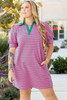 Rose Stripe Collared V Neck Puff Sleeve Shift T Shirt Dress with Pockets