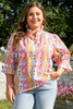 Pink Floral Ruffled Collar Bracelet Sleeve Plus Size Blouse Top Pink Floral Ruffled Collar Bracelet Sleeve Plus Size Blouse Top