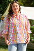 Pink Floral Ruffled Collar Bracelet Sleeve Plus Size Blouse Top Pink Floral Ruffled Collar Bracelet Sleeve Plus Size Blouse Top