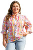 Pink Floral Ruffled Collar Bracelet Sleeve Plus Size Blouse Top Pink Floral Ruffled Collar Bracelet Sleeve Plus Size Blouse Top