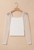 White Swiss Dot Mesh Long Sleeve Square Neck Slim Top