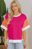 Rose Red Color Block Patchwork Side Slits Loose Fit T Shirt