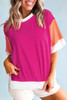 Rose Red Color Block Patchwork Side Slits Loose Fit T Shirt
