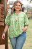 Green Plus Size Floral Tassel Tie Split Neck Puff Sleeve Blouse