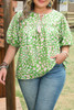Green Plus Size Floral Tassel Tie Split Neck Puff Sleeve Blouse