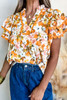 Russet Orange Ruffled V Neck Scalloped Short Sleeve Floral Blouse