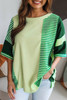 Mint Green Striped Patchwork Textured Colorblock 3/4 Sleeve Knit Top