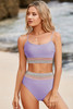 Orchid Petal Striped Patchwork Spaghetti Strap High Waist Bikini Swimsuit