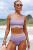 Orchid Petal Striped Patchwork Spaghetti Strap High Waist Bikini Swimsuit