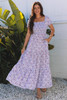 Purple Floral Short Bubble Sleeve Shirred High Waist Maxi Dress